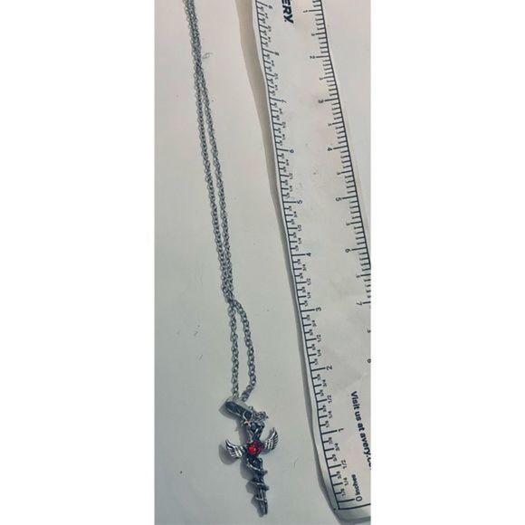 Pretty SILVER GOTH SWORD RED STONE NECKLACE - Picture 5 of 5